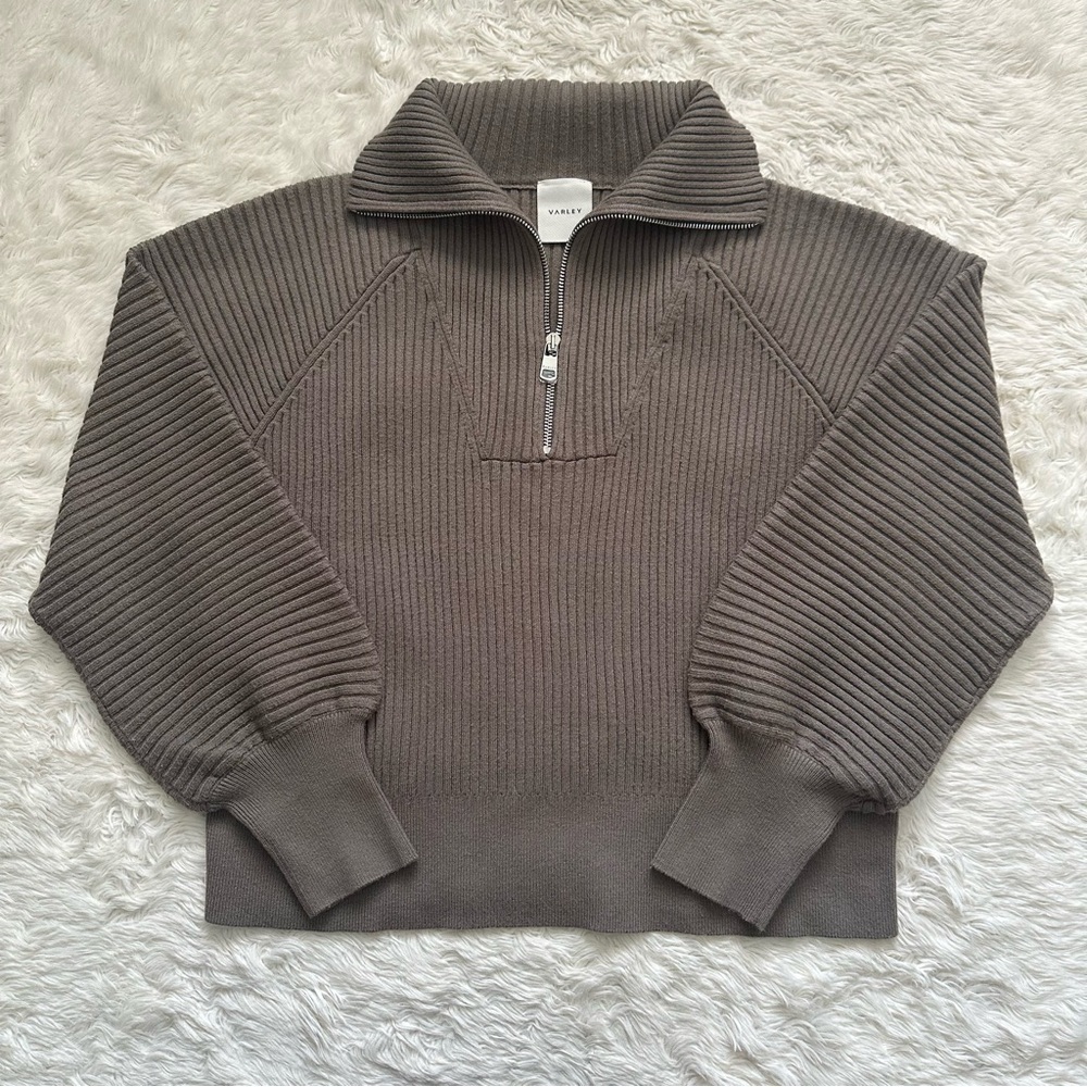 Varley Sweater Reid Half-Zip Knit Pullover Balloon Sleeves Boxy Gravity Sage M - Picture 3 of 14